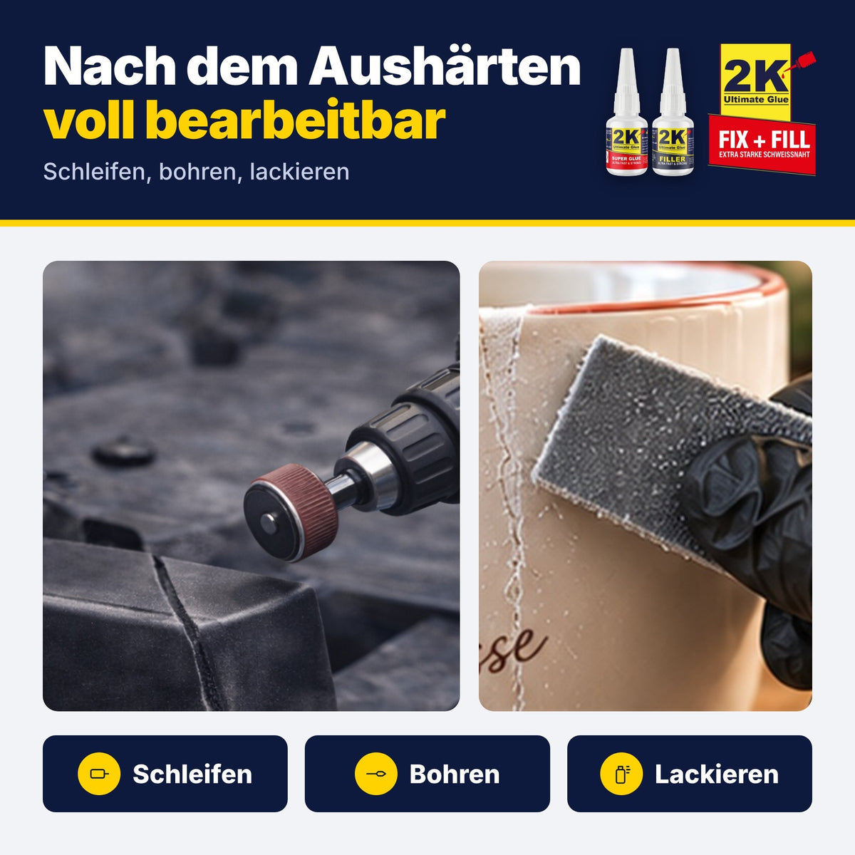 Nach dem Aushärten voll bearbeitbar: 2K Ultimate Glue lässt sich schleifen, bohren und lackieren