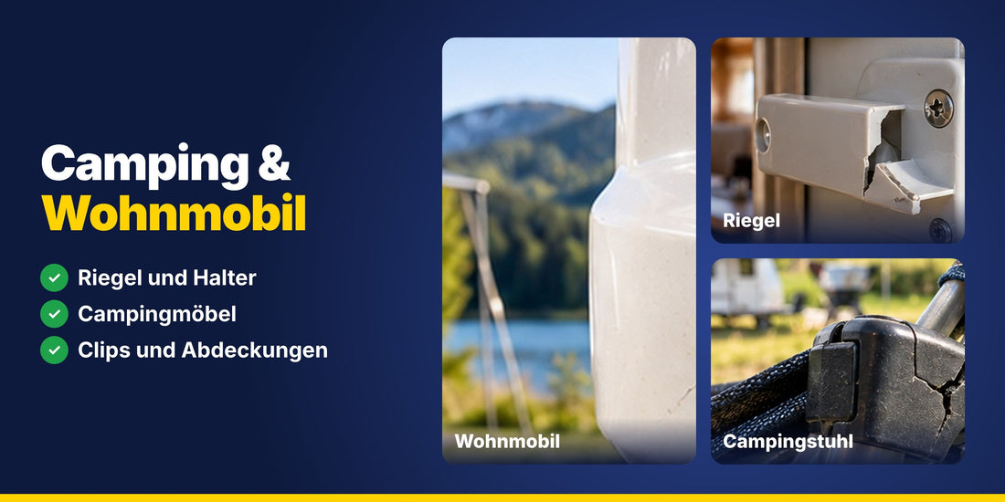 Reparaturen an Wohnmobil, Riegel und Campingstuhl mit Sekundenkleber und Granulat