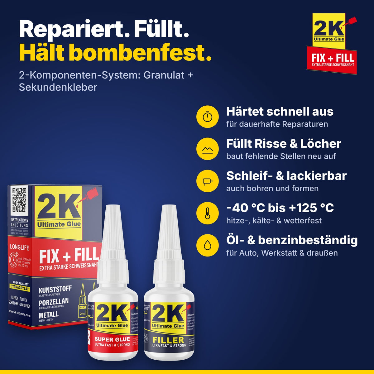 2K Ultimate Glue FIX+FILL Set mit Box, Sekundenkleber und Granulat: härtet schnell aus, füllt Risse, schleif- und lackierbar, -40 bis +125 °C, öl- und benzinbeständig