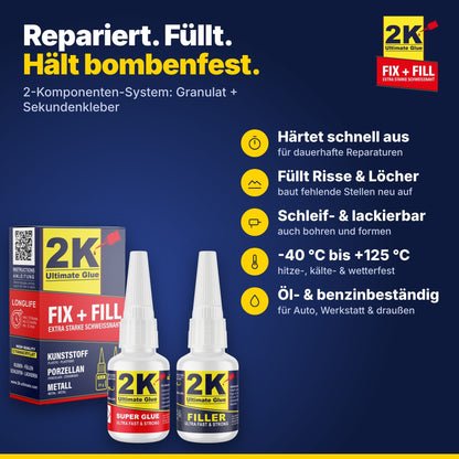 2K Ultimate Glue FIX+FILL Set mit Box, Sekundenkleber und Granulat: härtet schnell aus, füllt Risse, schleif- und lackierbar, -40 bis +125 °C, öl- und benzinbeständig