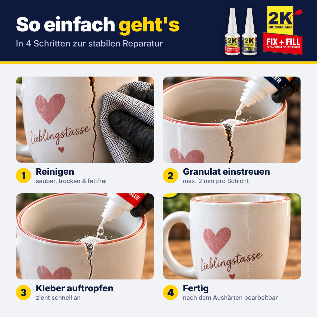 Anleitung in 4 Schritten: Bruchstelle reinigen, Granulat einstreuen, Sekundenkleber auftropfen, fertig – Reparatur einer gebrochenen Tasse mit 2K Ultimate Glue