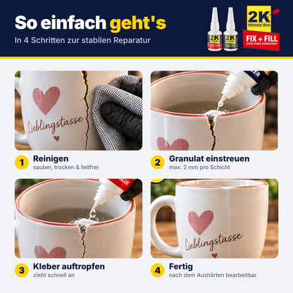 Anleitung in 4 Schritten: Bruchstelle reinigen, Granulat einstreuen, Sekundenkleber auftropfen, fertig – Reparatur einer gebrochenen Tasse mit 2K Ultimate Glue