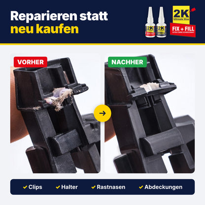 Vorher-Nachher-Vergleich: abgebrochener Kunststoffclip, mit 2K Ultimate Glue Granulat und Sekundenkleber wieder aufgebaut – für Clips, Halter, Rastnasen und Abdeckungen