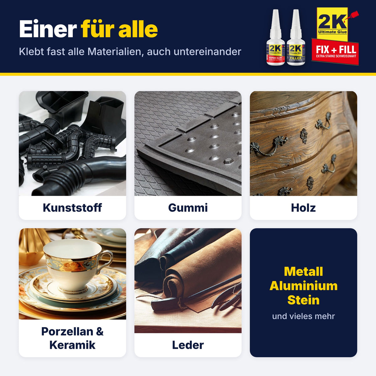 2K Ultimate Glue klebt fast alle Materialien: Kunststoff, Gummi, Holz, Porzellan und Keramik, Leder, Metall, Aluminium und Stein