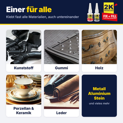 2K Ultimate Glue klebt fast alle Materialien: Kunststoff, Gummi, Holz, Porzellan und Keramik, Leder, Metall, Aluminium und Stein