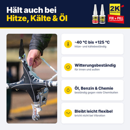 2K Ultimate Glue ist hitze- und kältebeständig von -40 bis +125 °C, witterungsbeständig, beständig gegen Öl, Benzin und Chemikalien und bleibt leicht flexibel