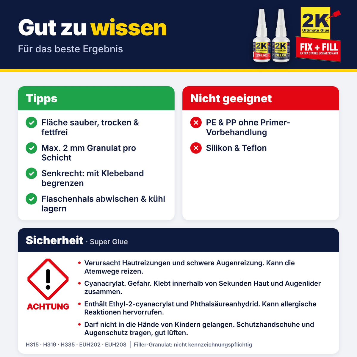 Tipps zur Anwendung von 2K Ultimate Glue, nicht geeignet für PE und PP ohne Primer sowie Silikon und Teflon, Sicherheitshinweise für Sekundenkleber