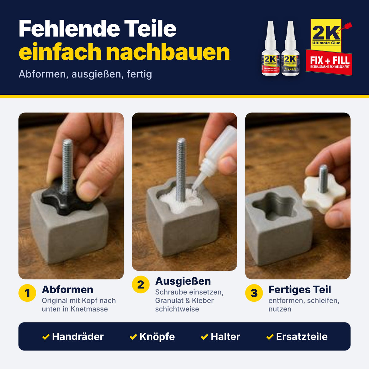 Ersatzteil selbst herstellen: Handrad in Knetmasse abformen, Schraube einsetzen, mit Granulat und Sekundenkleber ausgießen – für Handräder, Knöpfe, Halter und Ersatzteile