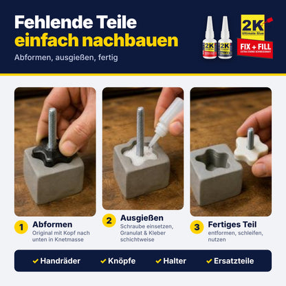 Ersatzteil selbst herstellen: Handrad in Knetmasse abformen, Schraube einsetzen, mit Granulat und Sekundenkleber ausgießen – für Handräder, Knöpfe, Halter und Ersatzteile