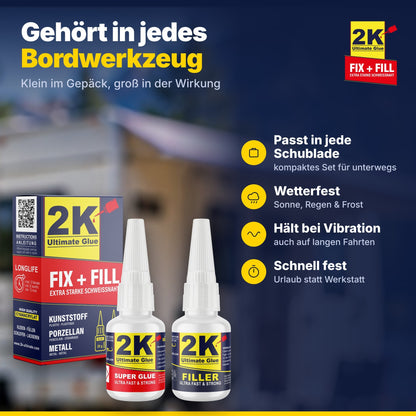 2K Ultimate Glue FIX+FILL Set vor einem Wohnmobil: kompakt, wetterfest, hält bei Vibration, schnell fest – gehört in jedes Bordwerkzeug