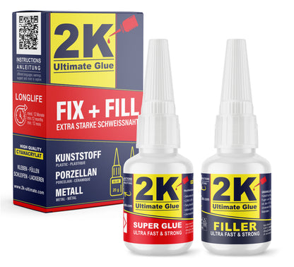 2K Ultimate Glue FIX + FILL Set: Sekundenkleber 20 g und Granulat 30 g zum Kleben, Füllen und Neuformen