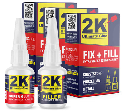 2K Ultimate Glue FIX + FILL im 3er Set: 3 x Sekundenkleber 20 g und 3 x Granulat 30 g