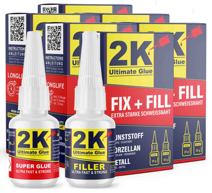 2K Ultimate Glue FIX + FILL im Profi 6er Set: 6 x Sekundenkleber 20 g und 6 x Granulat 30 g