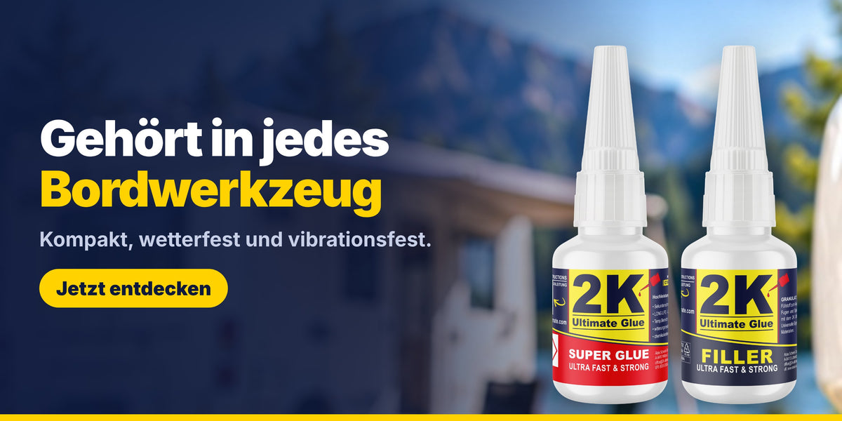 2K FIX + FILL Kleber Set vor einem Wohnmobil beim Camping