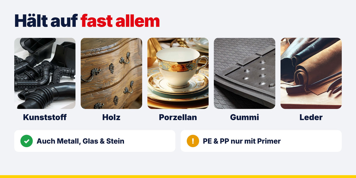 Klebt Kunststoff, Holz, Porzellan, Gummi, Leder, Metall, Glas und Stein